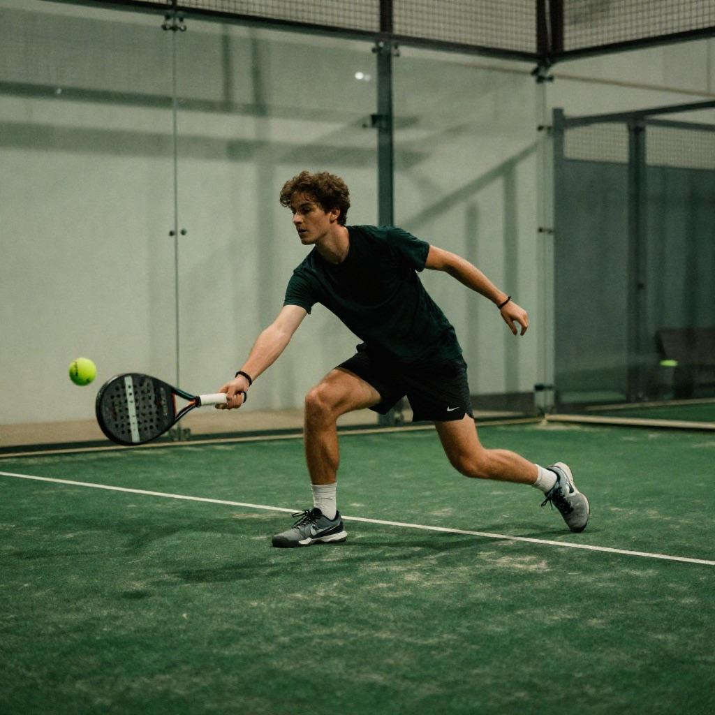 Padel-Spieler im Ausfallschritt zu einem tiefen Volley